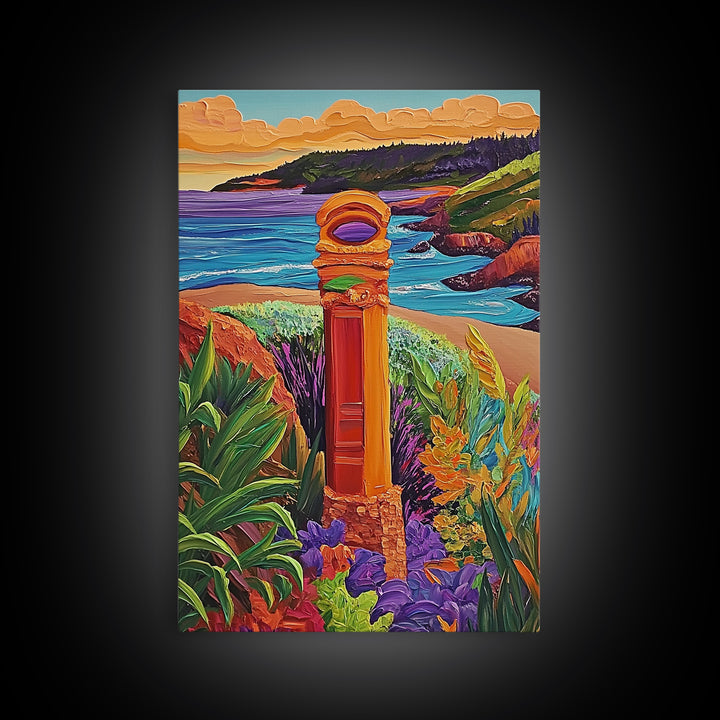 Coastal Landmark Art, Beach Garden View, Framed Canvas Print, Vibrant Landscape Wall Art, Sunroom Decor, Bright Coastal Scene