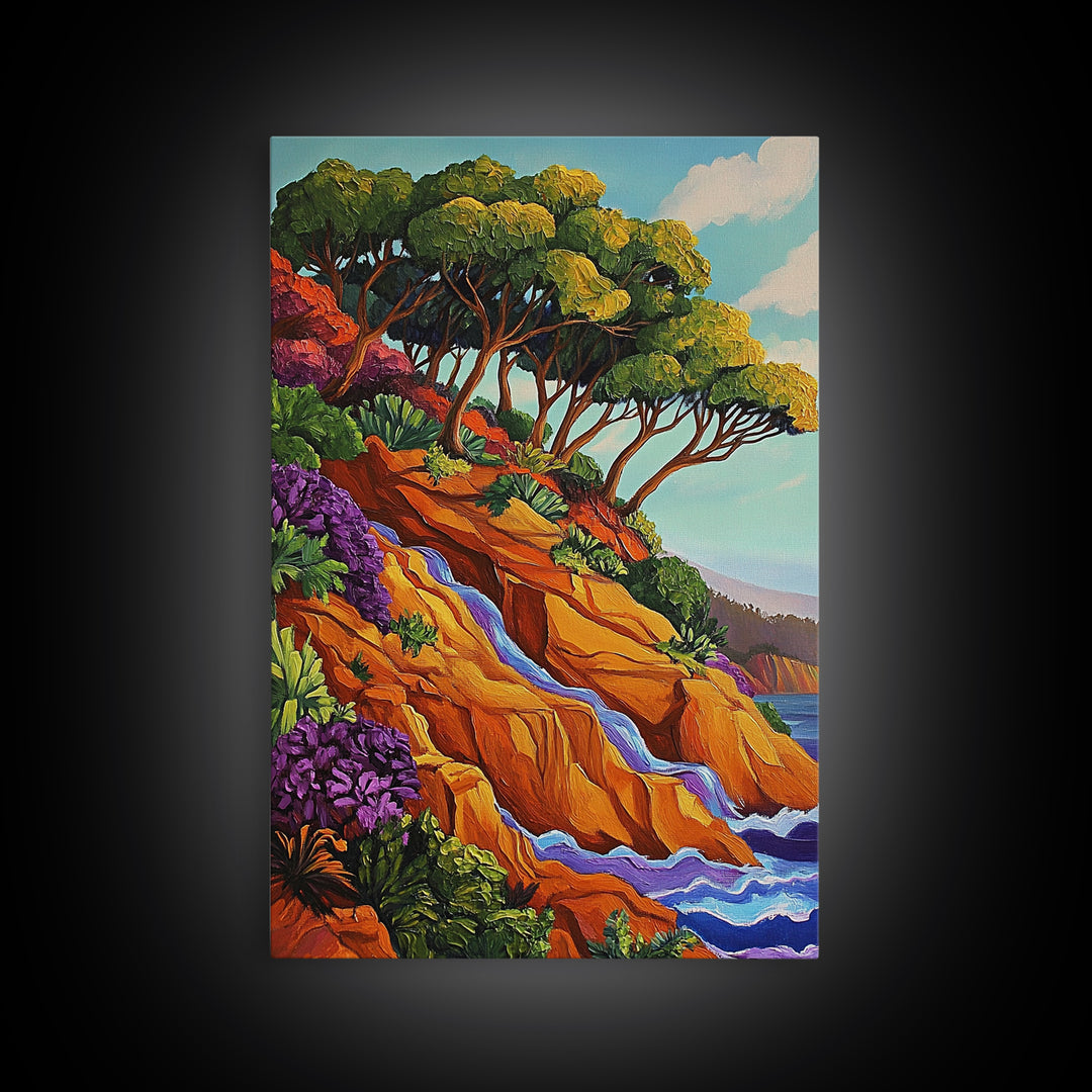 Cliffside Trees Flow, Coastal Waterfall Art, Canvas Print, Scenic Nature Wall Decor, Spa Bathroom Wall Art, Tranquil Landscape Scene