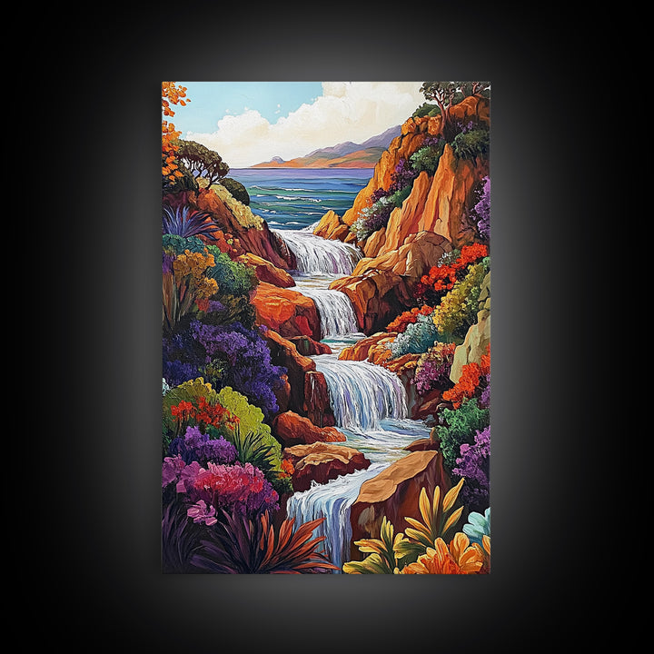Cascading Falls, Ocean Cliffs, Tropical Flowers, Bold Nature, Framed Canvas Print, Living Room Wall Art, Maximalist Decor, Beach Art
