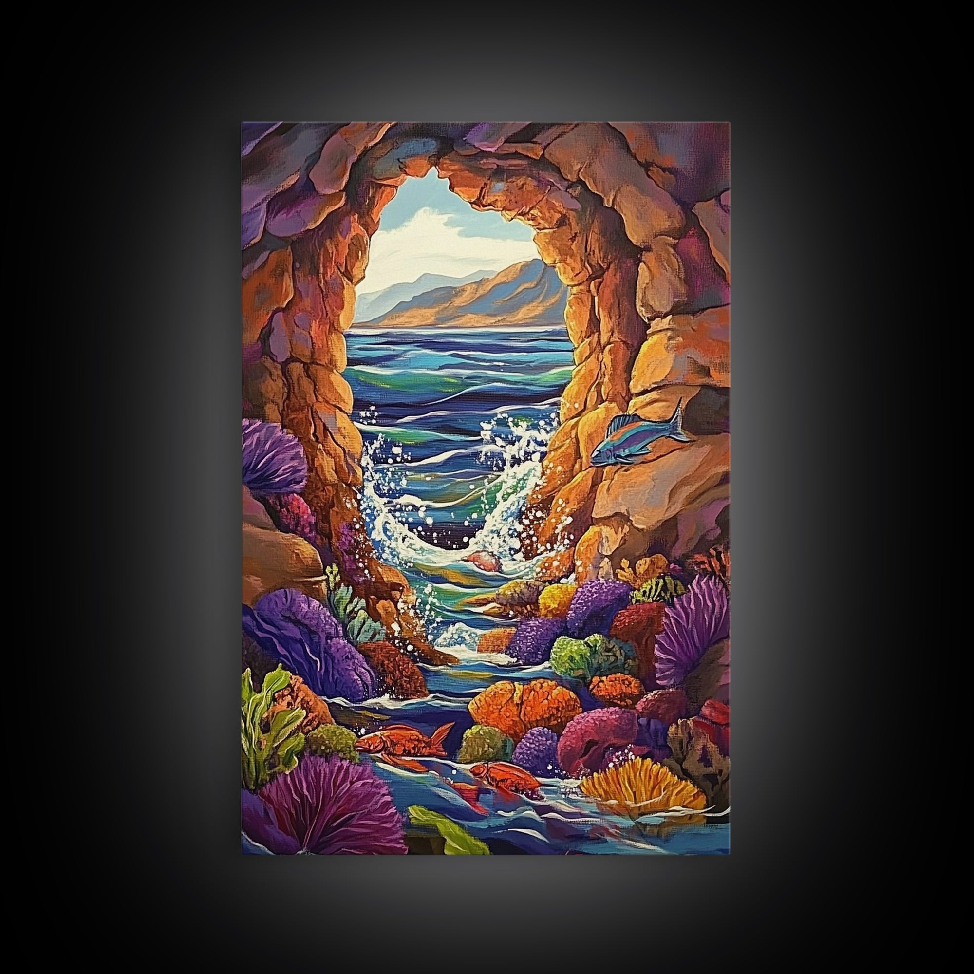 Ocean Cave Window, Underwater Scene, Marine Life, Coral Reef, Framed Canvas Print, Bathroom Wall Art, Coastal Decor, Nautical Art