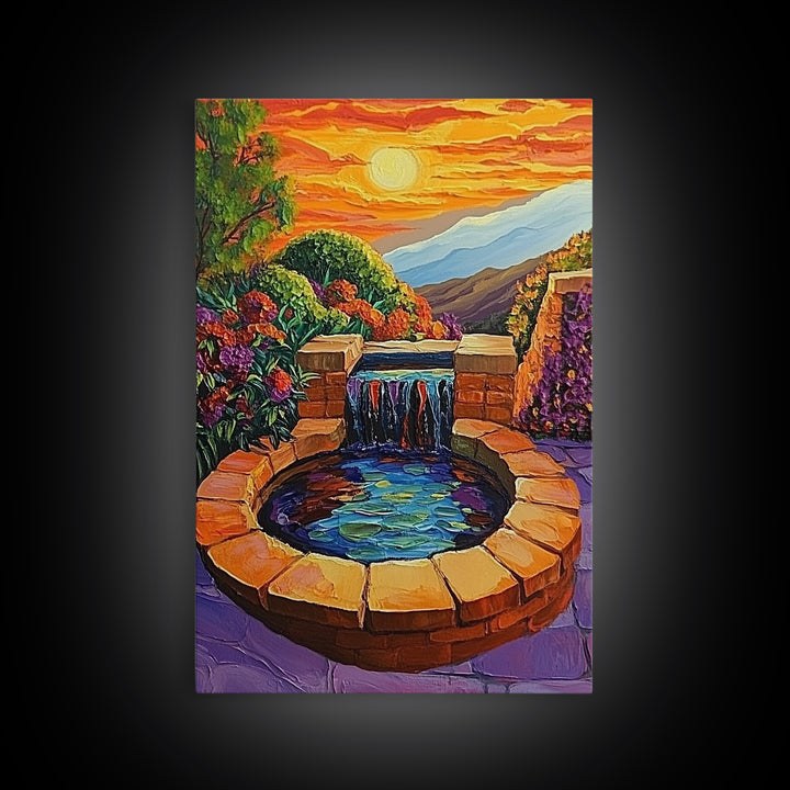 Brick Fountain Sunset, Peaceful Garden Oasis, Warm Tones, Autumn Wall Art, Framed Canvas Print, Serene Patio or Hallway Decor