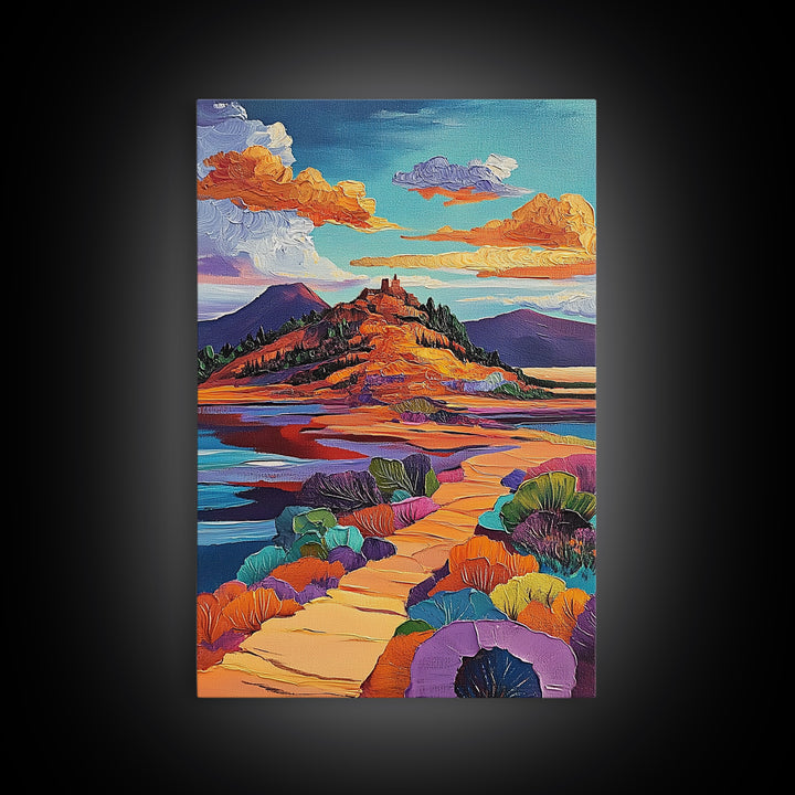Desert Pathway Painting, Vibrant Mountain Scene, Colorful Earthy Art, Framed Canvas Print, Rustic Hallway Wall Art, Fall Colors