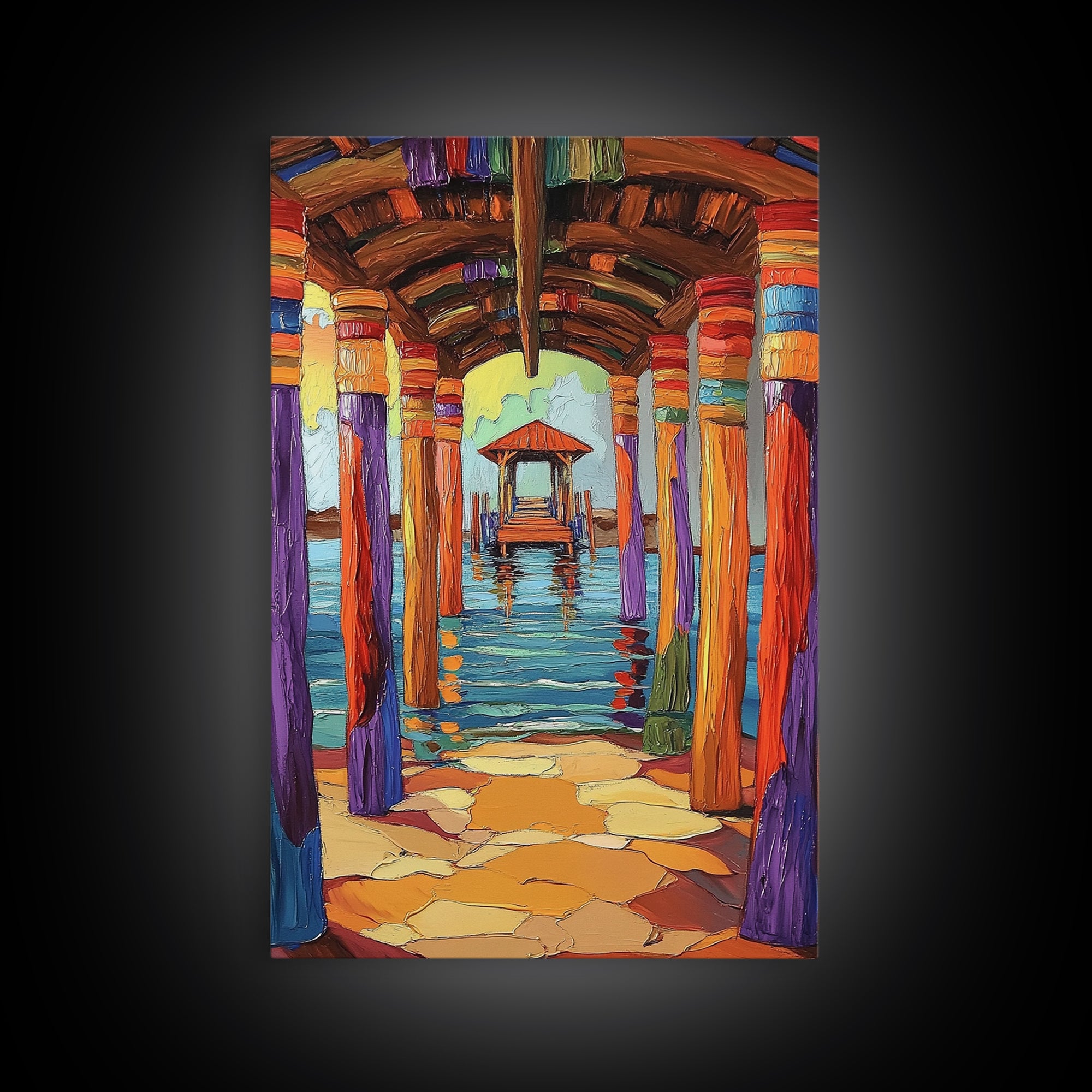 Dock Walkway, Tropical Pier, Ocean View, Beach Art, Framed Canvas Print coastal home decor, hallway wall art, vibrant nautical painting