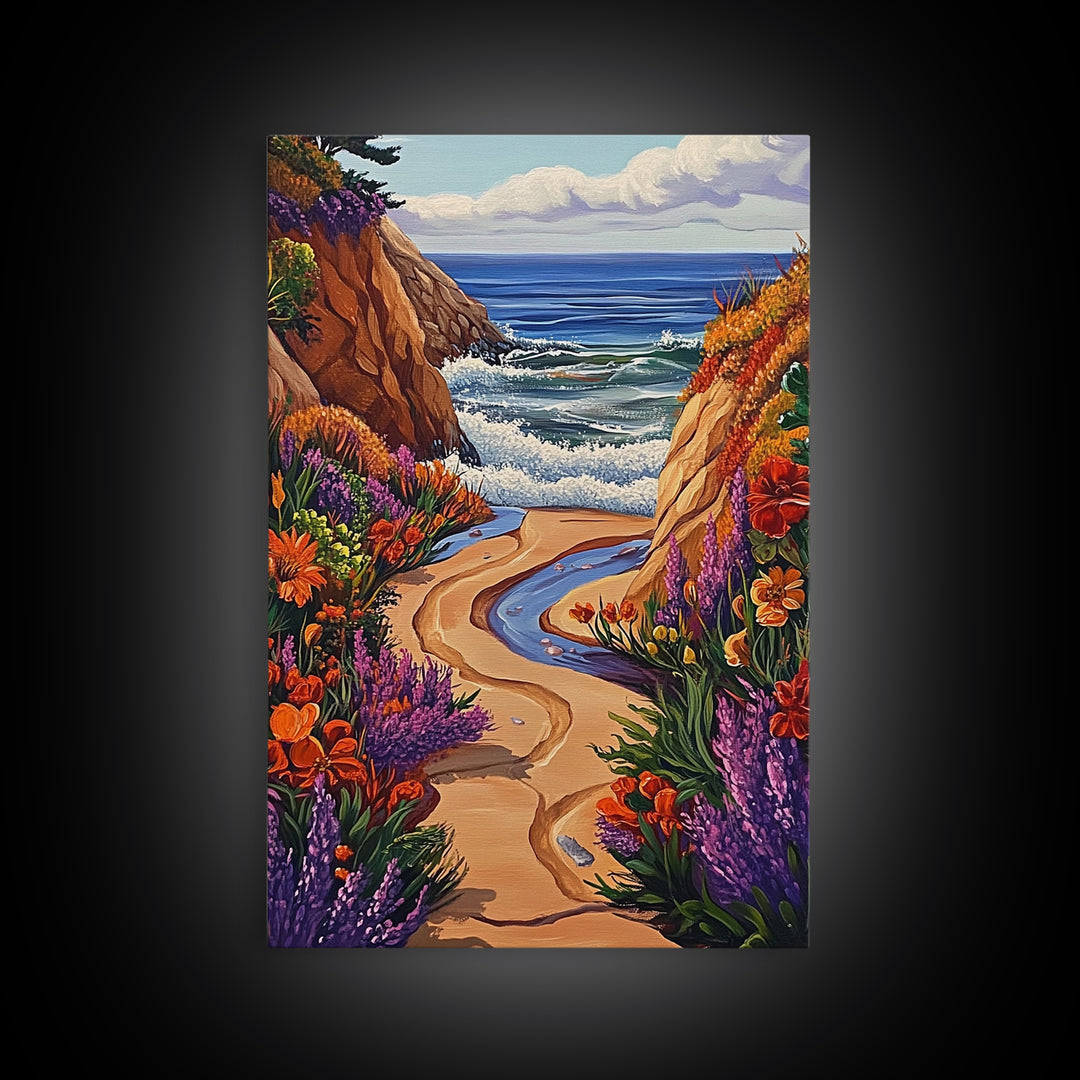 Coastal Path, Floral Trail, Ocean View, Beach Landscape, Framed Canvas Print, boho art, hallway decor, tropical wall art, beach house art