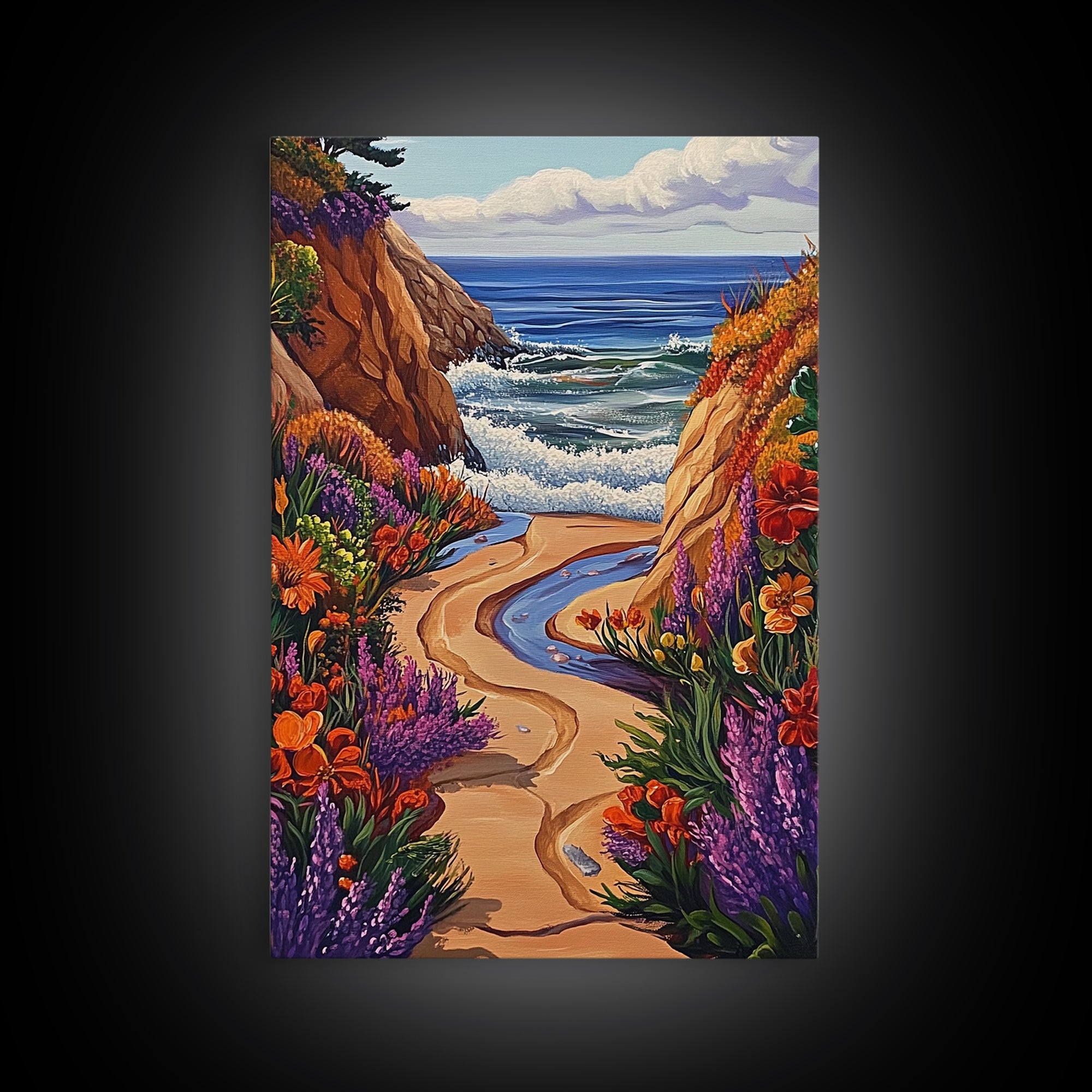 Coastal Path, Floral Trail, Ocean View, Beach Landscape, Framed Canvas Print, boho art, hallway decor, tropical wall art, beach house art