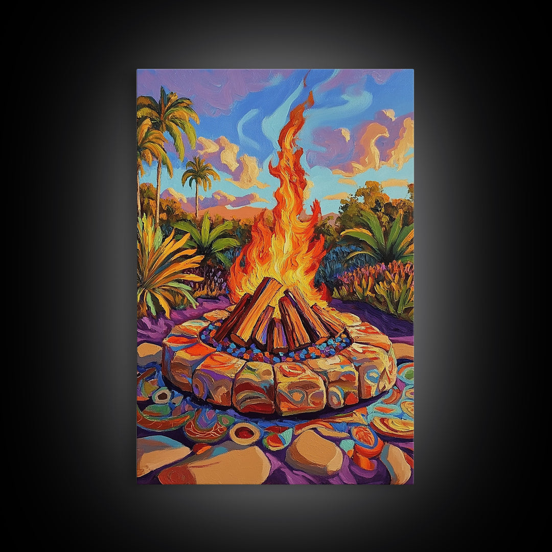 Campfire Palm Trees, Flame, Sunset, Framed Canvas Print tropical bonfire art, cozy fire pit painting, Fall decor, outdoor living room wall art