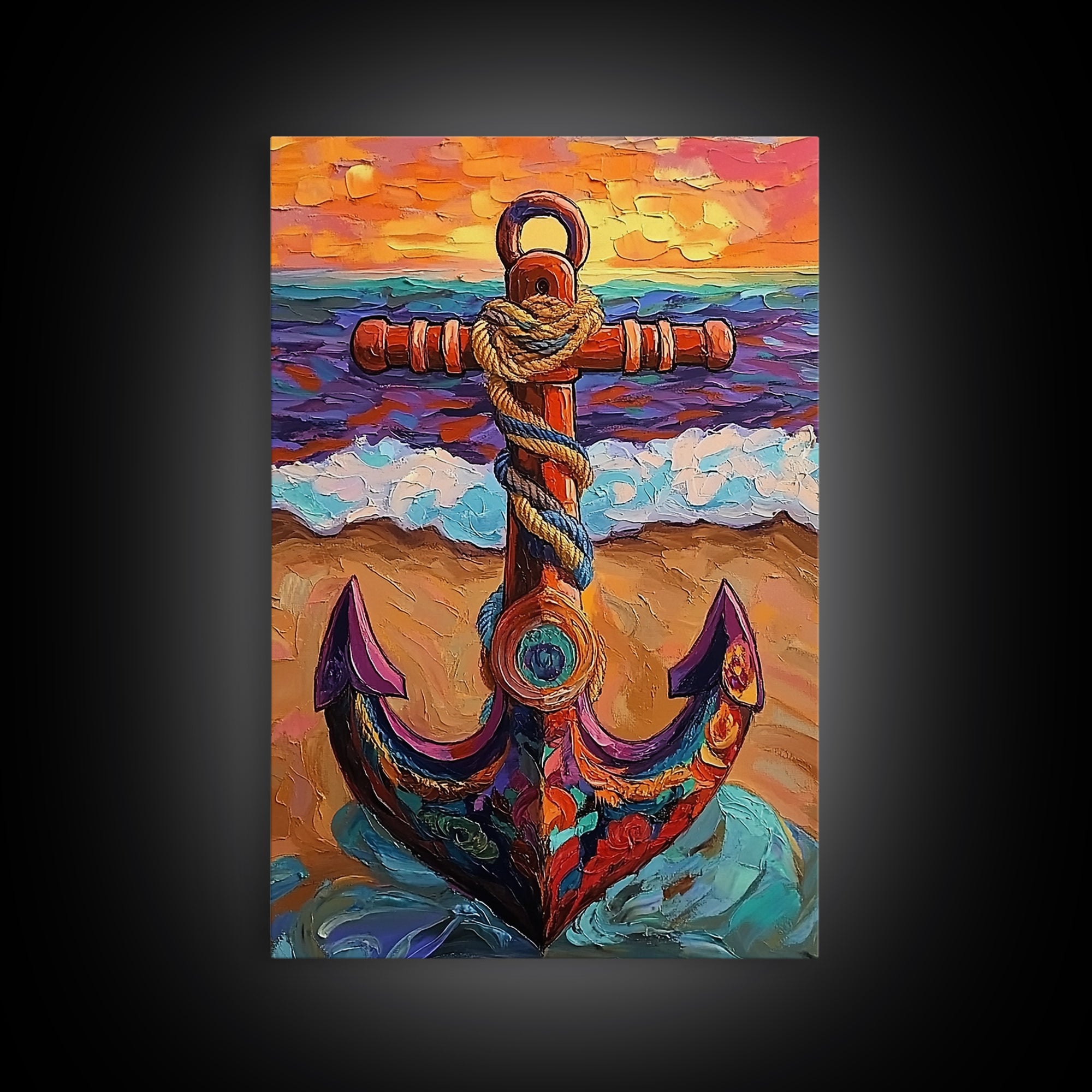 Nautical Anchor, Sunset, Coastal, Framed Canvas Print, ocean sunset art, beach house decor, rustic nautical theme, Living Room or Office