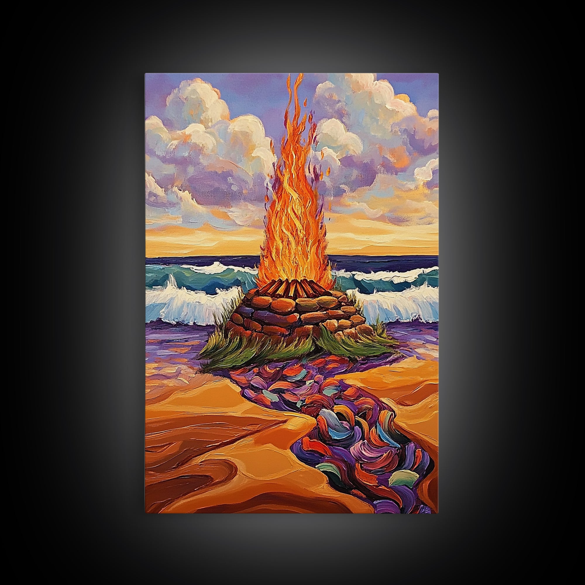Bonfire Beach, Twilight, Ocean, Framed Canvas Print fire pit artwork, vibrant beach decor, ocean waves and flames, Fall living room wall art