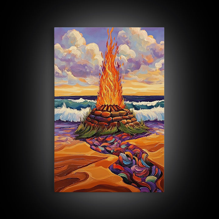 Bonfire Beach, Twilight, Ocean, Framed Canvas Print fire pit artwork, vibrant beach decor, ocean waves and flames, Fall living room wall art