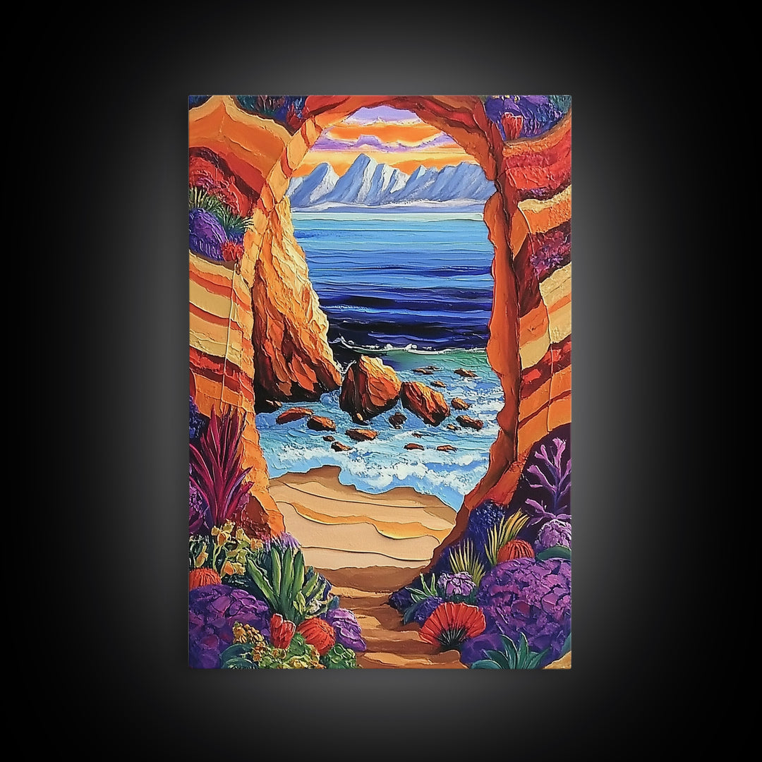 Coastal Archway, Ocean, Escape, Framed Canvas Print bold beach cave painting vivid seascape arch view boho tropical living room wall decor