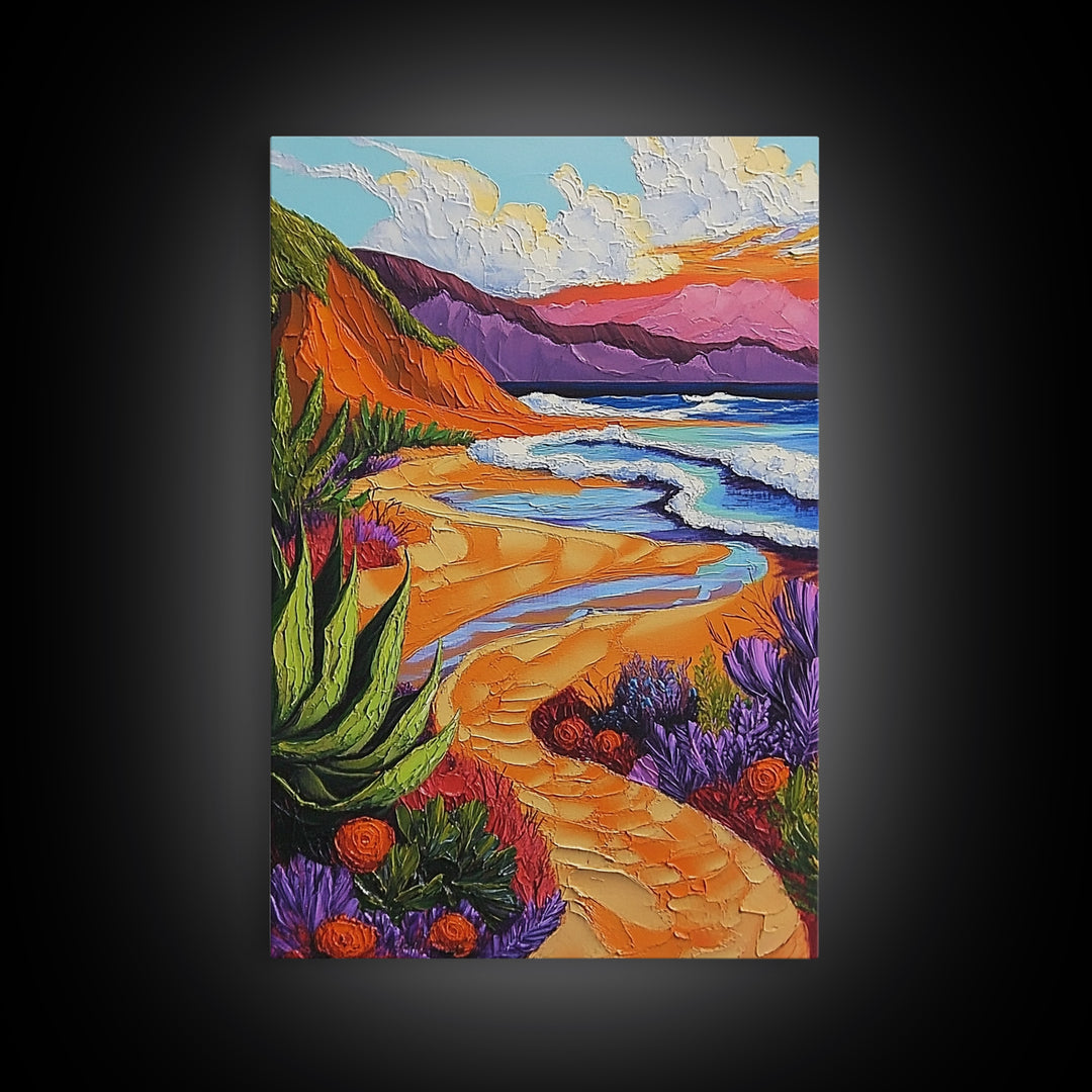 Beach Path, Sunset, Bliss, Canvas Print, tropical beach decor, bold wall art, coastal boho artwork, vibrant summer vibes, Bathroom or Hallway