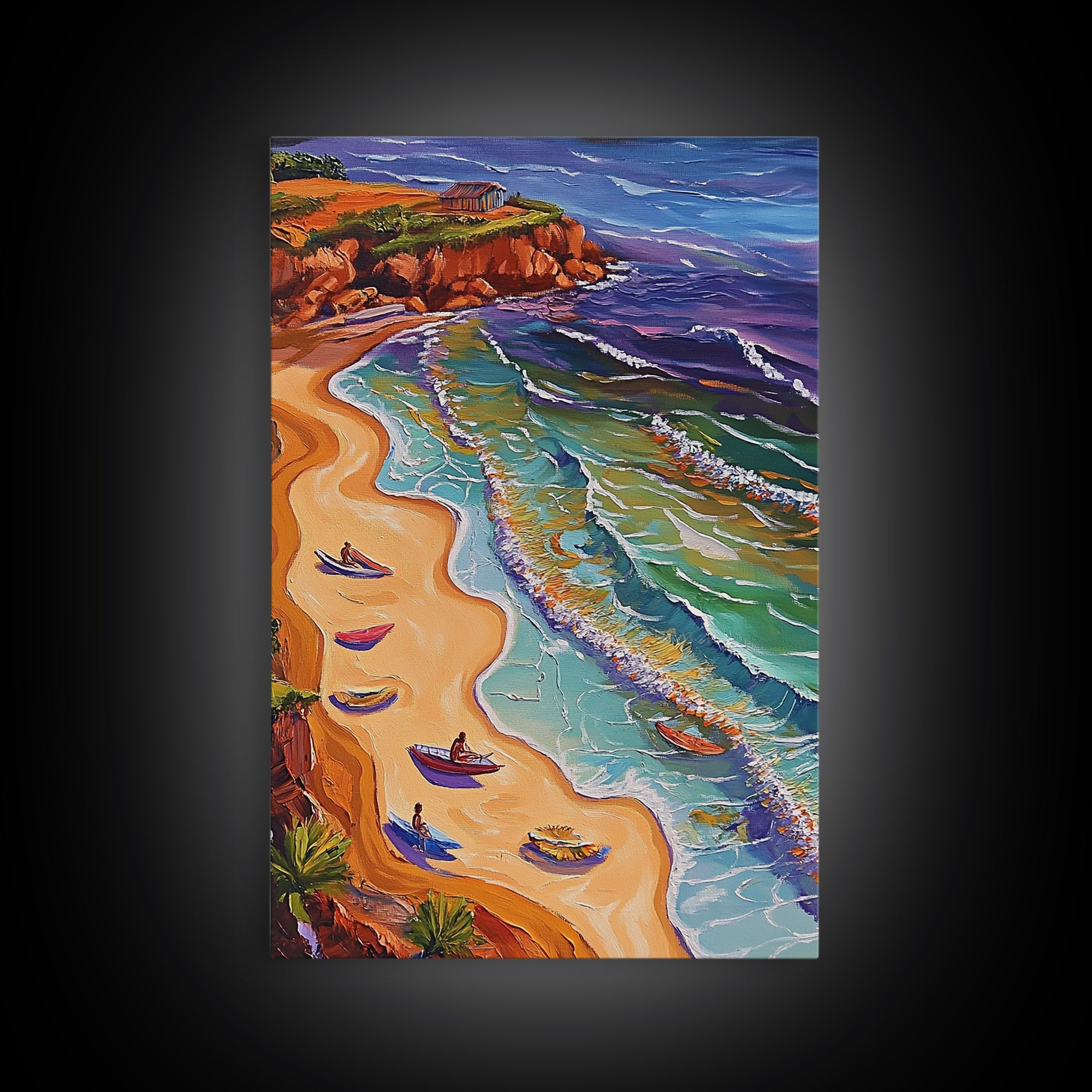 Beach Waves, Boats, Aerial Coastal Landscape, Framed Canvas Print, Boho Ocean Art, Bathroom Wall Decor, Vibrant Nautical Artwork