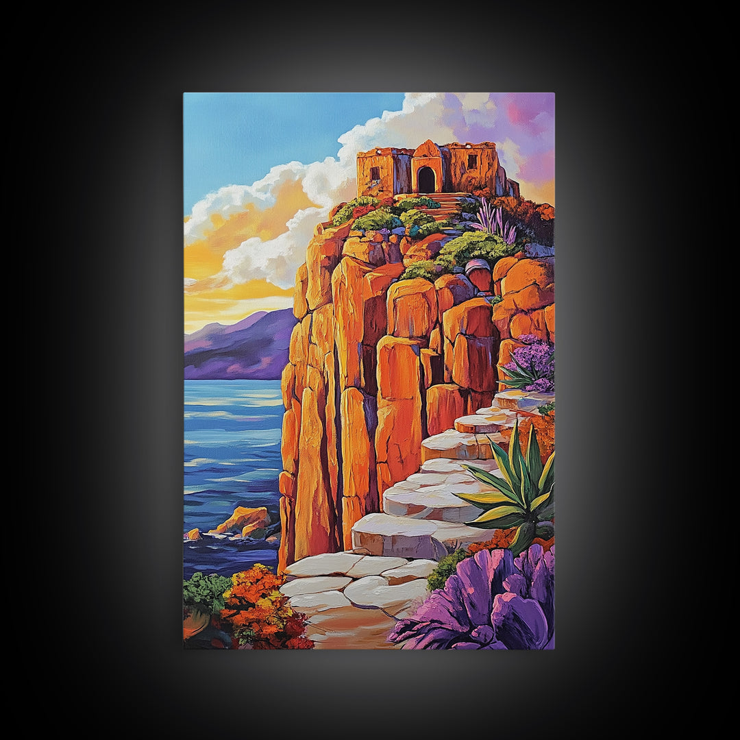 Cliffside Ruins, Ocean, Sunset Ancient Fortress Art, Framed Canvas Print, Dramatic Living Room Wall Decor, Southwest Adventure Style