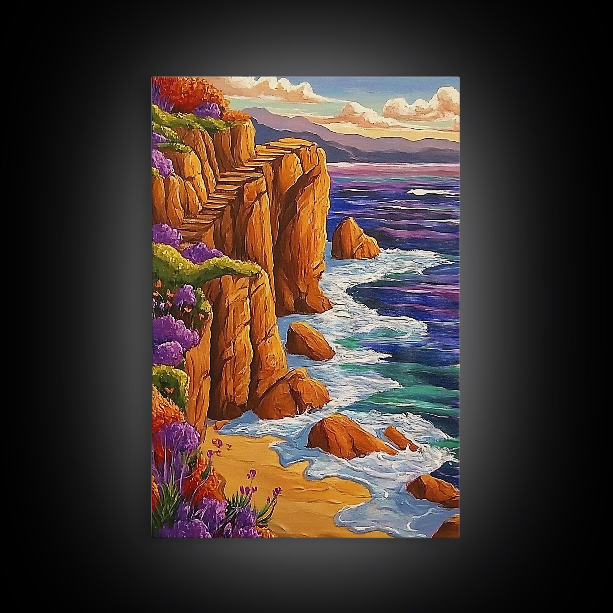 Ocean Cliffside, Path, Sunset, Canvas Print scenic ocean stairs artwork, coastal nature landscape print, Bedroom Wall Art, boho art