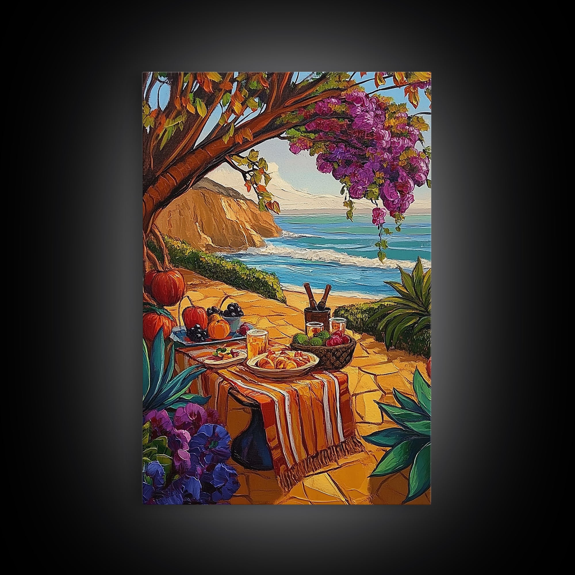Picnic Beach, Fall Ocean, Framed Canvas Print cozy coastal picnic painting, fall harvest beachside art, Dining Room Wall Art, rustic art