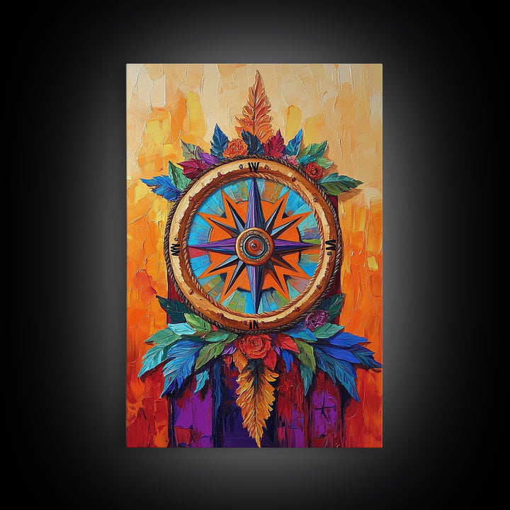 Compass, Rustic, Floral, Wall, Framed Canvas Print, Boho compass rose art with flowers, ideal bohemian home decor or entryway statement art