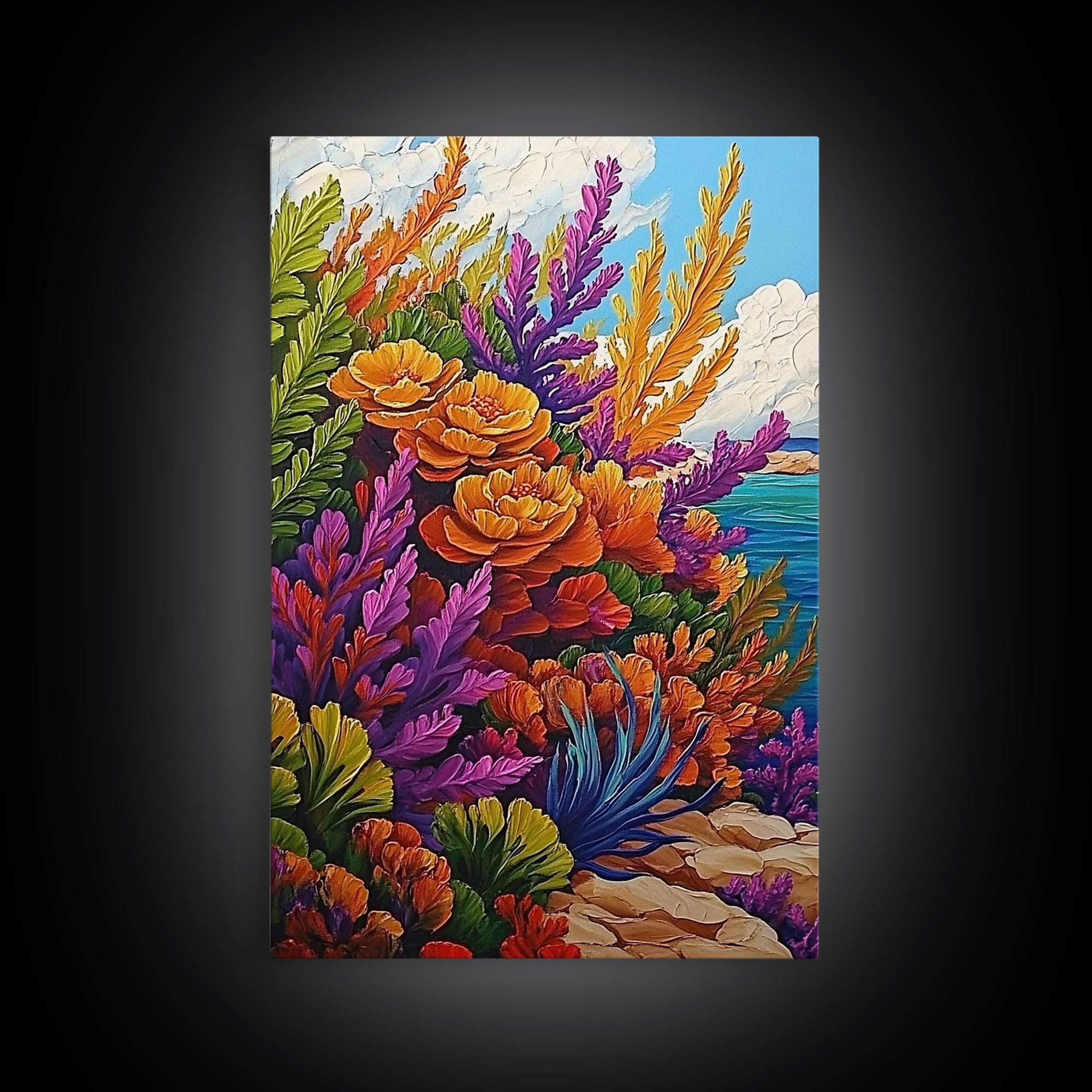 Coastal, Botanical, Garden, Flowers, Framed Canvas Print, Bright coastal flowers with ocean view, ideal summer vibe bathroom or patio wall art