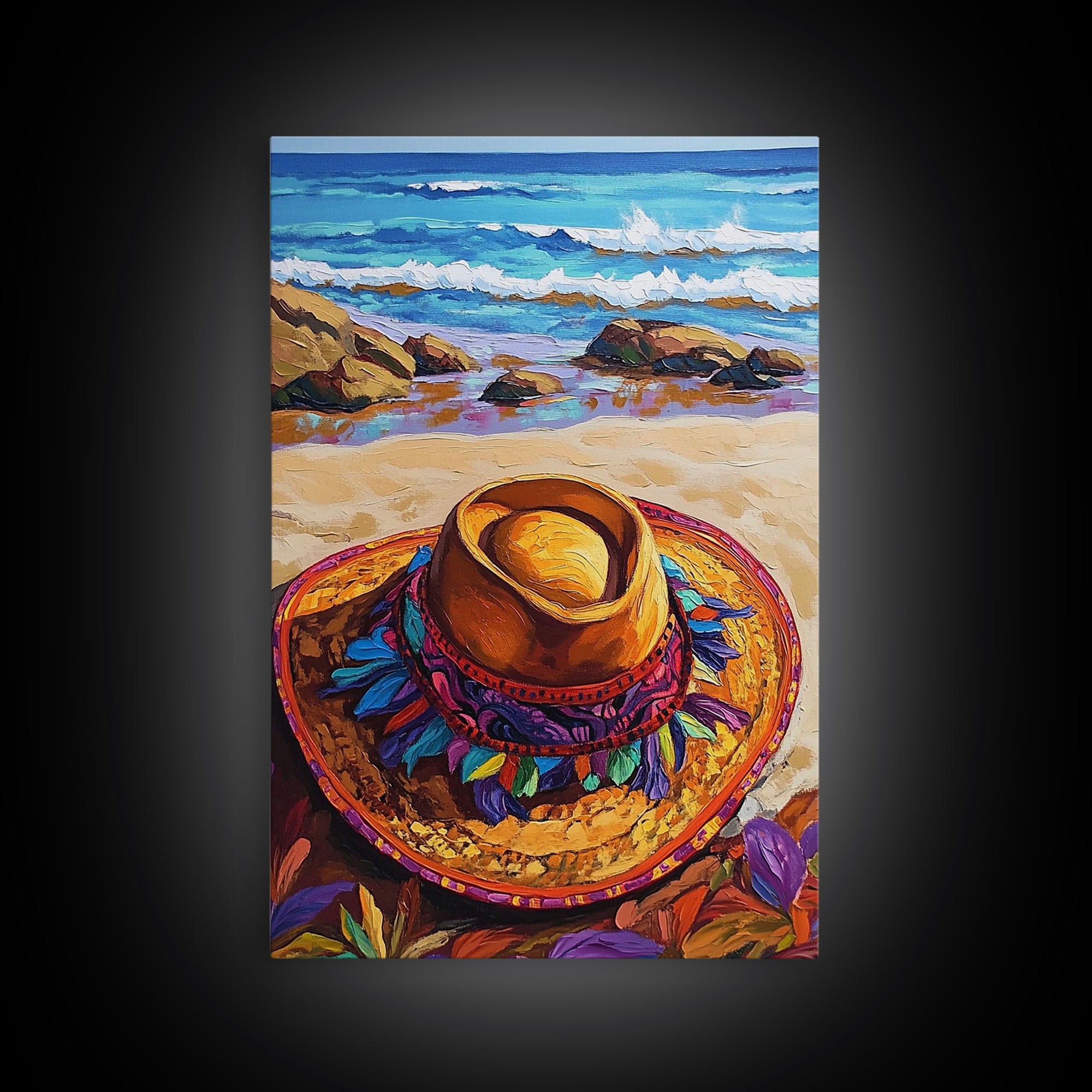 Beach, Hat, Summer, Coastal, Canvas Print, Summer beach scene with festive sombrero, great coastal kitchen or vacation home wall art