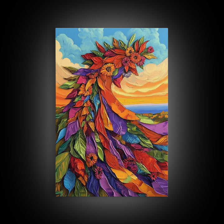 Abstract Bloom, Petals, Rainbow, Framed Canvas Print, bold flower art, modern botanical decor, textured wall piece, Bedroom or Entryway