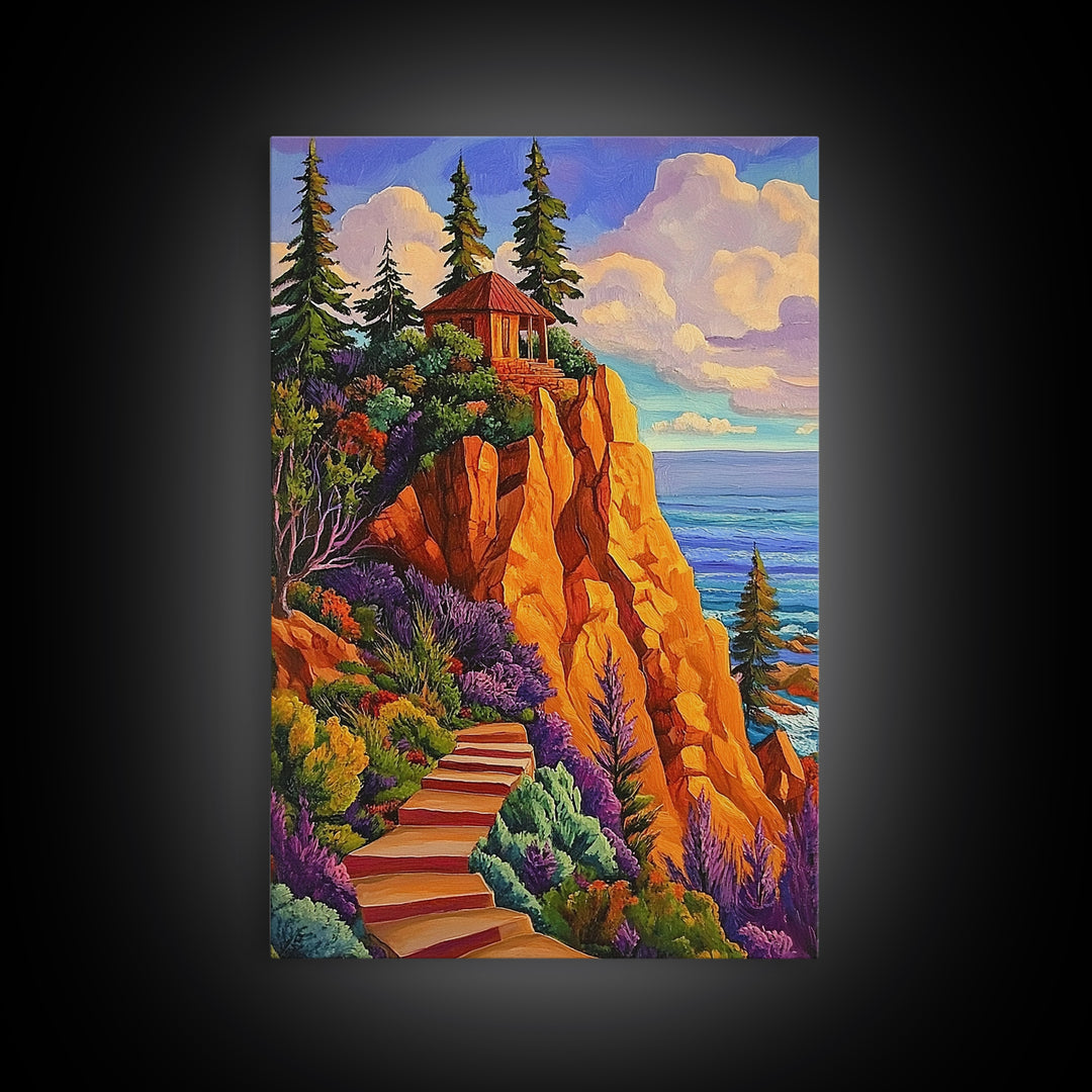 Cliff Cabin, Ocean, Trees, Framed Canvas Print, Seaside cabin on cliff with vivid trees and ocean view, rustic fall living room wall art