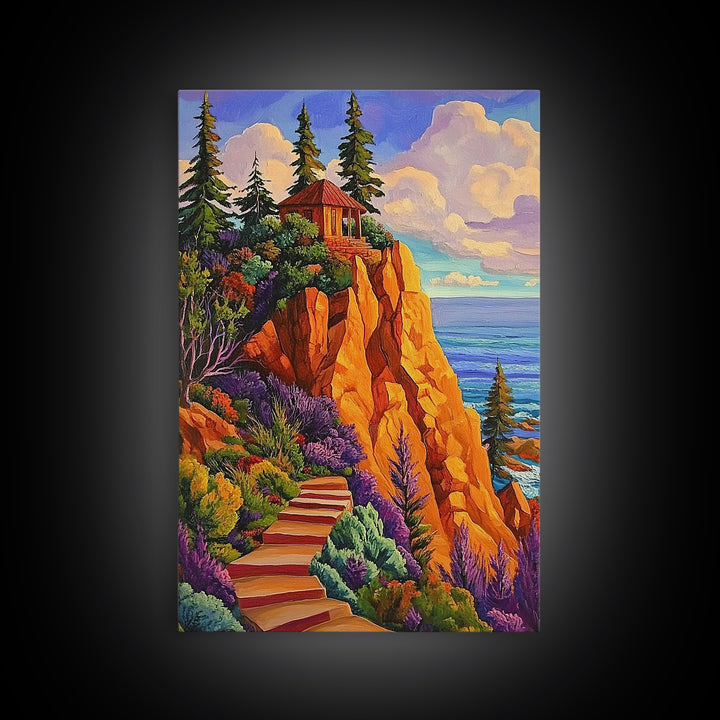 Cliff Cabin, Ocean, Trees, Framed Canvas Print, Seaside cabin on cliff with vivid trees and ocean view, rustic fall living room wall art