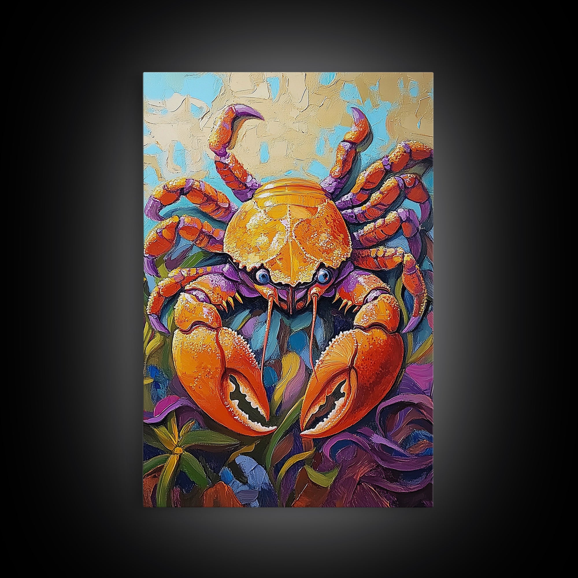 Crab Ocean, Bold, Seafood, Framed Canvas Print, Colorful crab painting with vivid detail, fun nautical art, beach kitchen decor