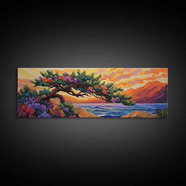 Coastal Tree, Sunset Glow, Flowering Branches, Ocean Horizon, Canvas Print, Bedroom Wall Art, Tranquil Nature Scene, Vibrant Landscape