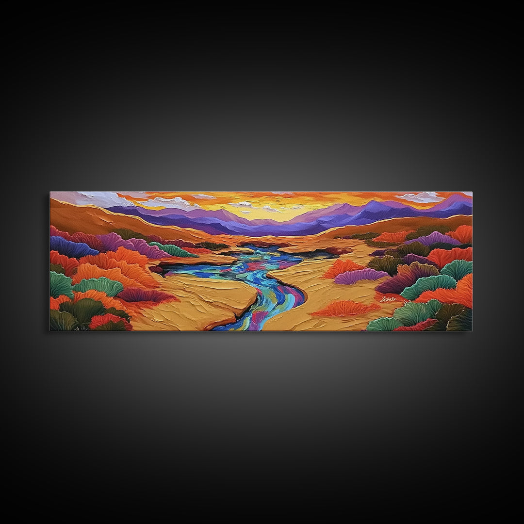 Desert River Sunset, Bold Nature Painting, Vibrant Landscape, Fall Wall Decor, Earthy Living Room Framed Canvas Print, Beach House Wall Art
