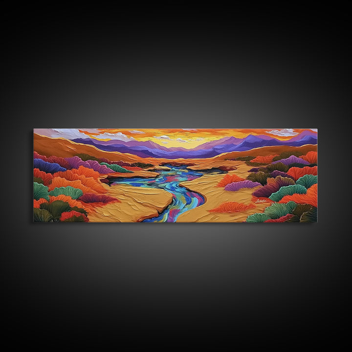 Desert River Sunset, Bold Nature Painting, Vibrant Landscape, Fall Wall Decor, Earthy Living Room Framed Canvas Print, Beach House Wall Art