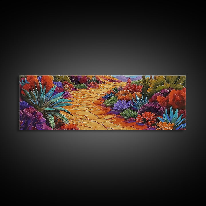 Desert Pathway, Wildflower Trail, Vibrant Colors, Boho Landscape, Framed Canvas Print, Entryway Wall Art, Boho Living Room