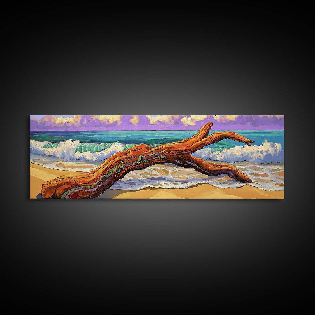 Driftwood Beach, Ocean Wave Art, Coastal Wall Art, Framed Canvas Print, Nature Home Decor, Relaxing Bathroom Art, Bedroom Art