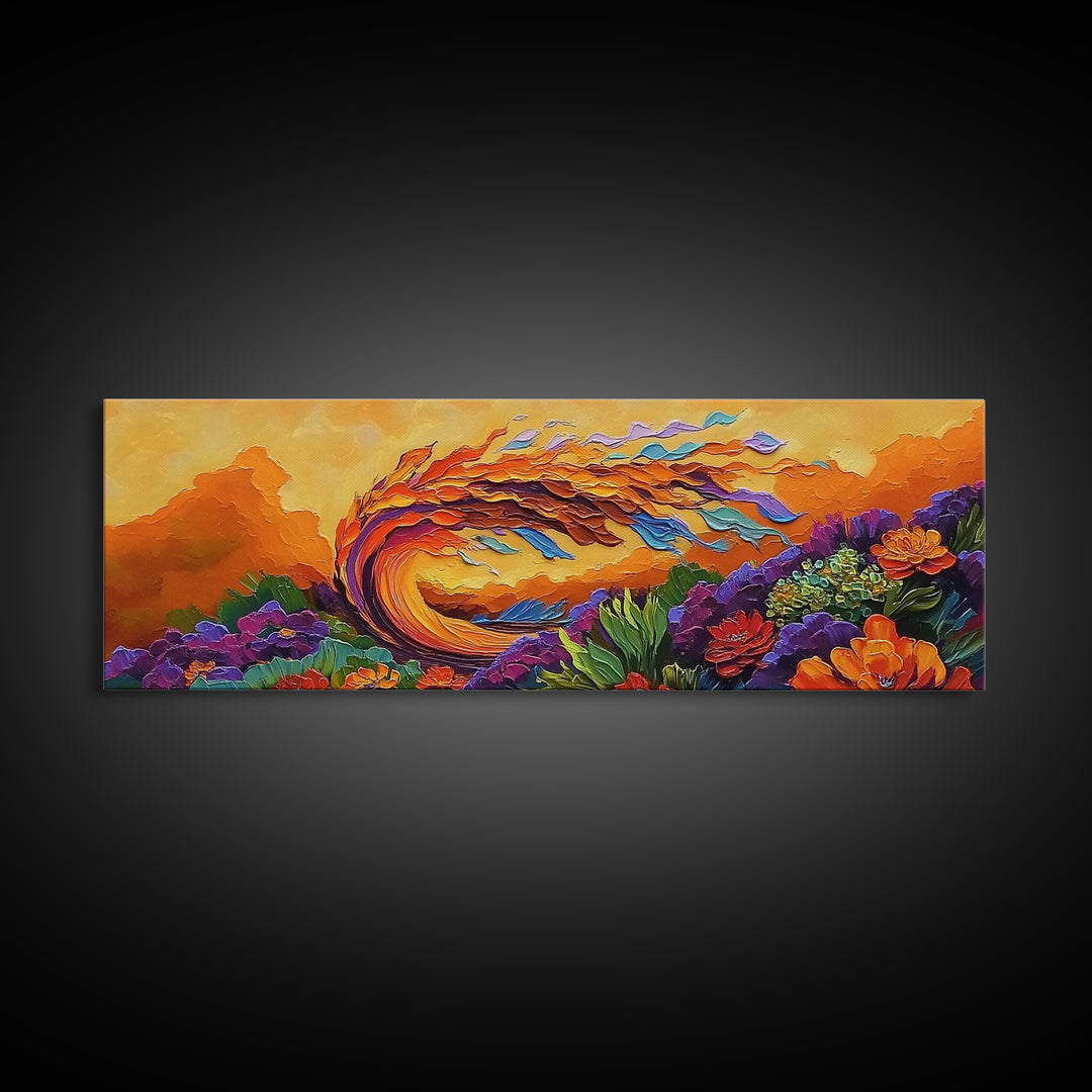 Abstract Wave, Fiery Floral Splash, Boho Landscape Art, Framed Canvas Print, Bold Living Room Statement Wall Decor