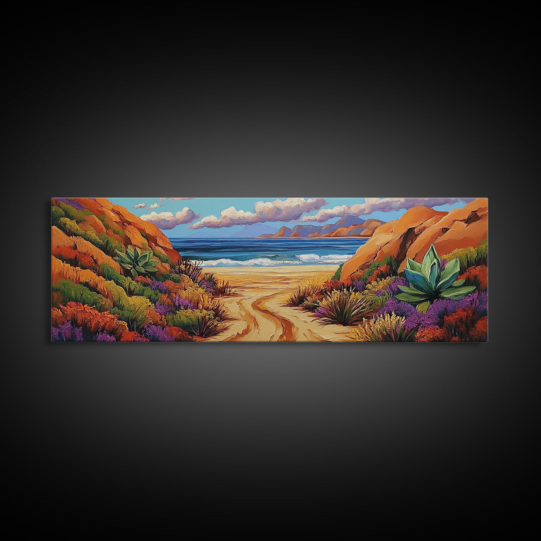 Desert Path, Beach Escape, Vibrant Nature, Scenic View, Framed Canvas Print, landscape painting, hallway art, sunset wall decor