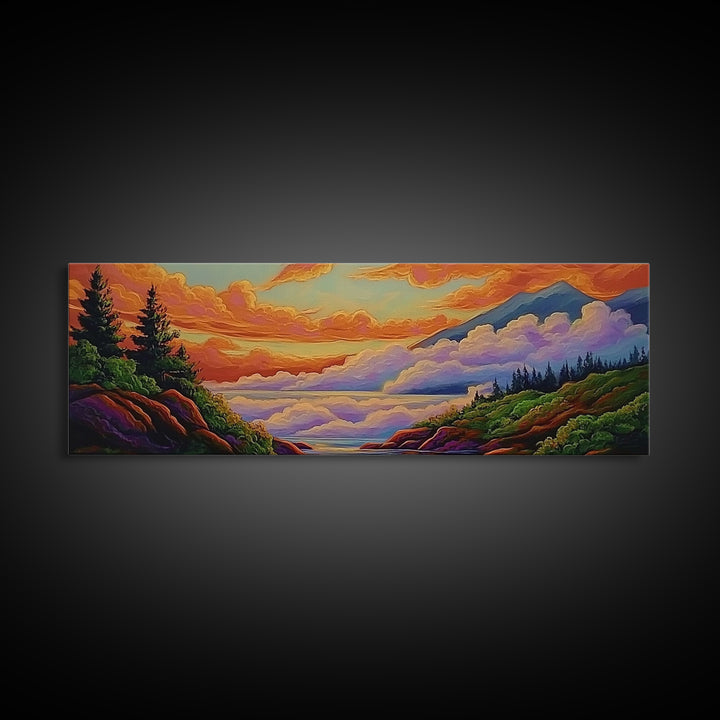 Cloudy Mountains, Sunset Glow, Forest Horizon, Tranquil Vibes, Framed Canvas Print, peaceful landscape, bedroom wall art