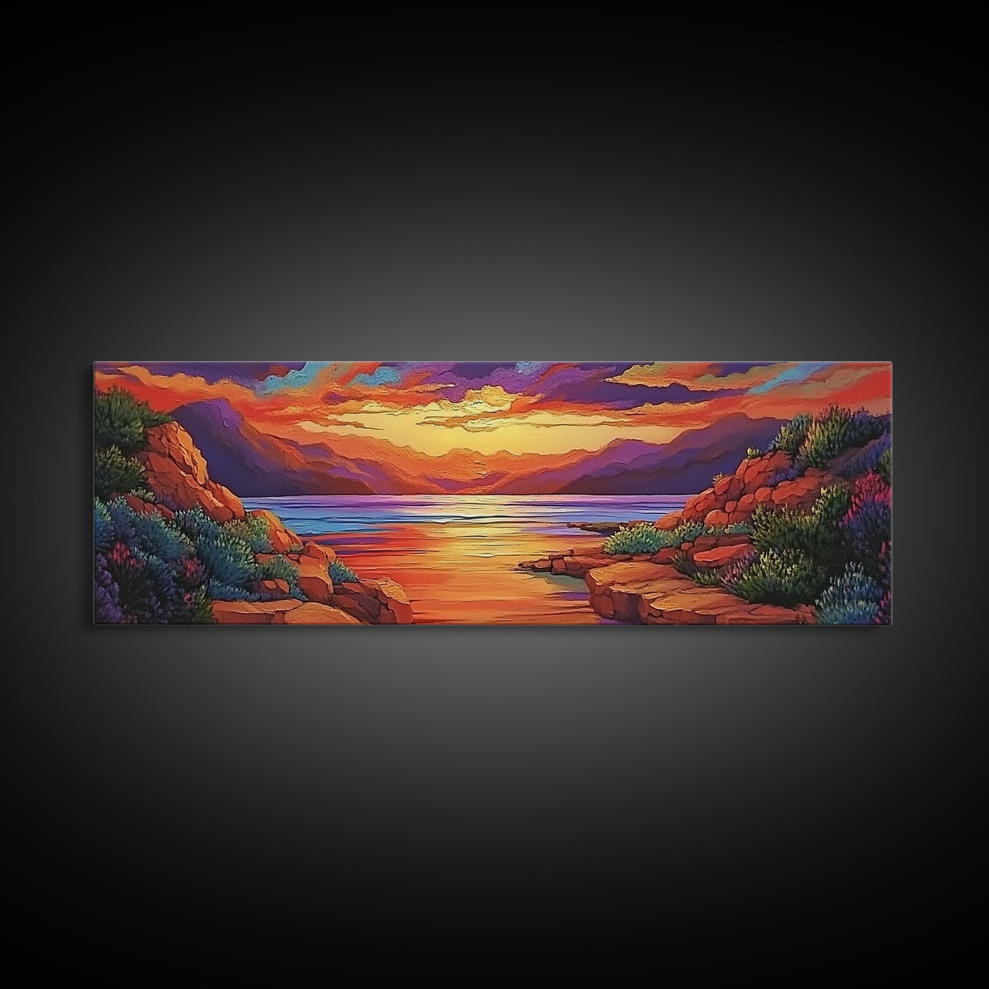 Rocky Sunset, Tranquil Cove, Mountain Glow, Ocean Calm, Framed Canvas Print, vivid sunset art, nature escape, living room decor