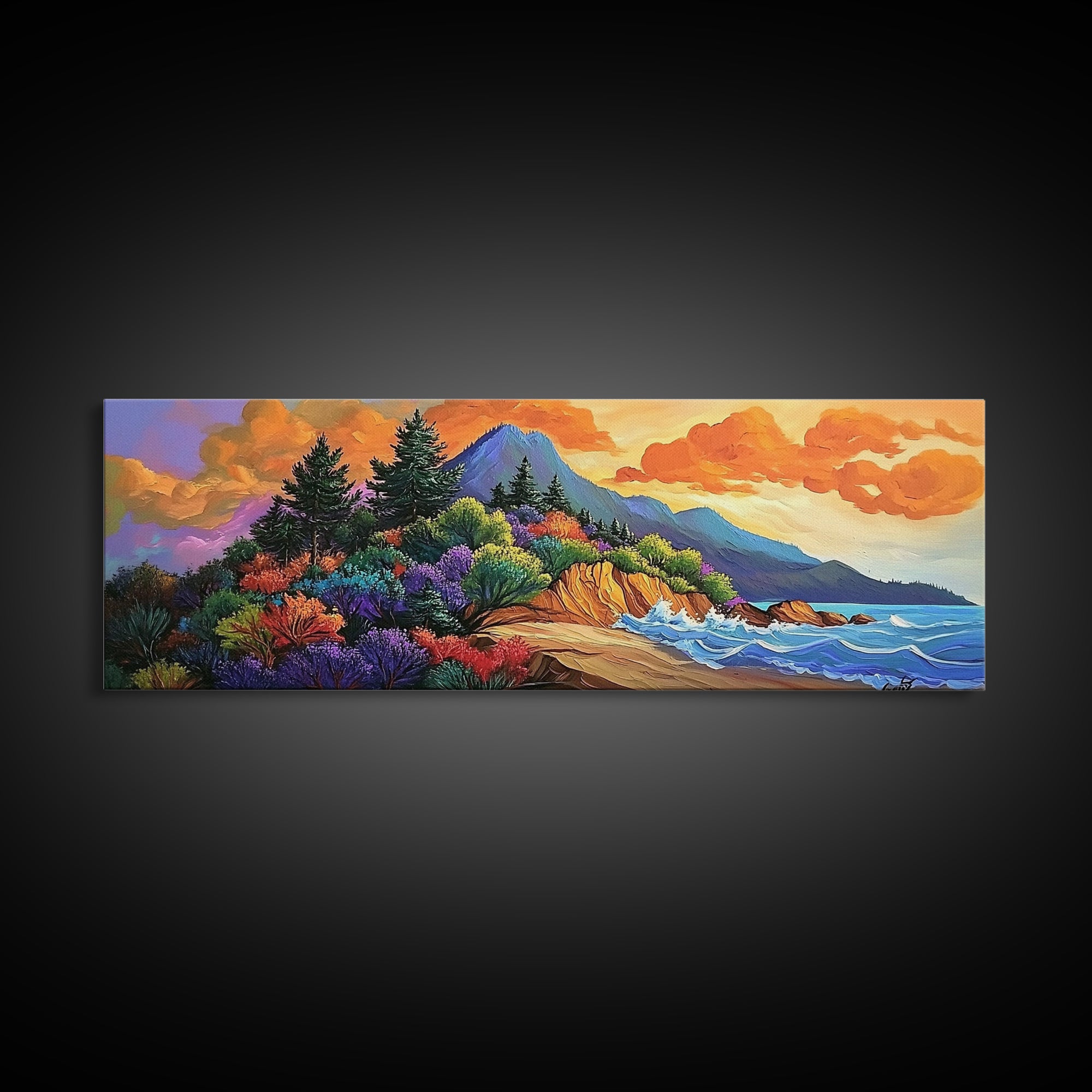 Coastal Forest, Sunset Beach, Lush Pines, Mountain Glow, Framed Canvas Print, outdoor art, nature landscape, hallway decor