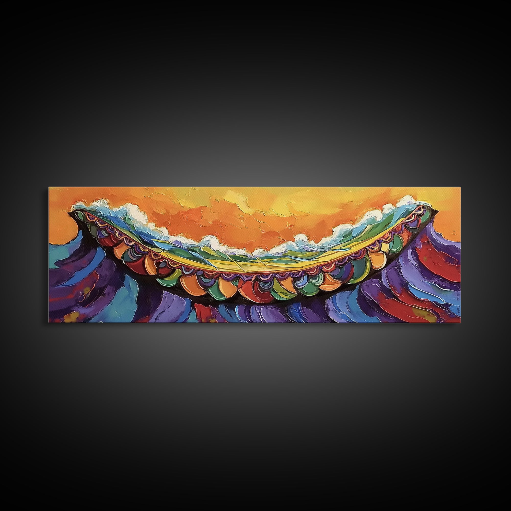 Carnival Wave, Festive Ocean, Playful Waters, Framed Canvas Print, beach bathroom art, coastal fun painting, surf wall decor