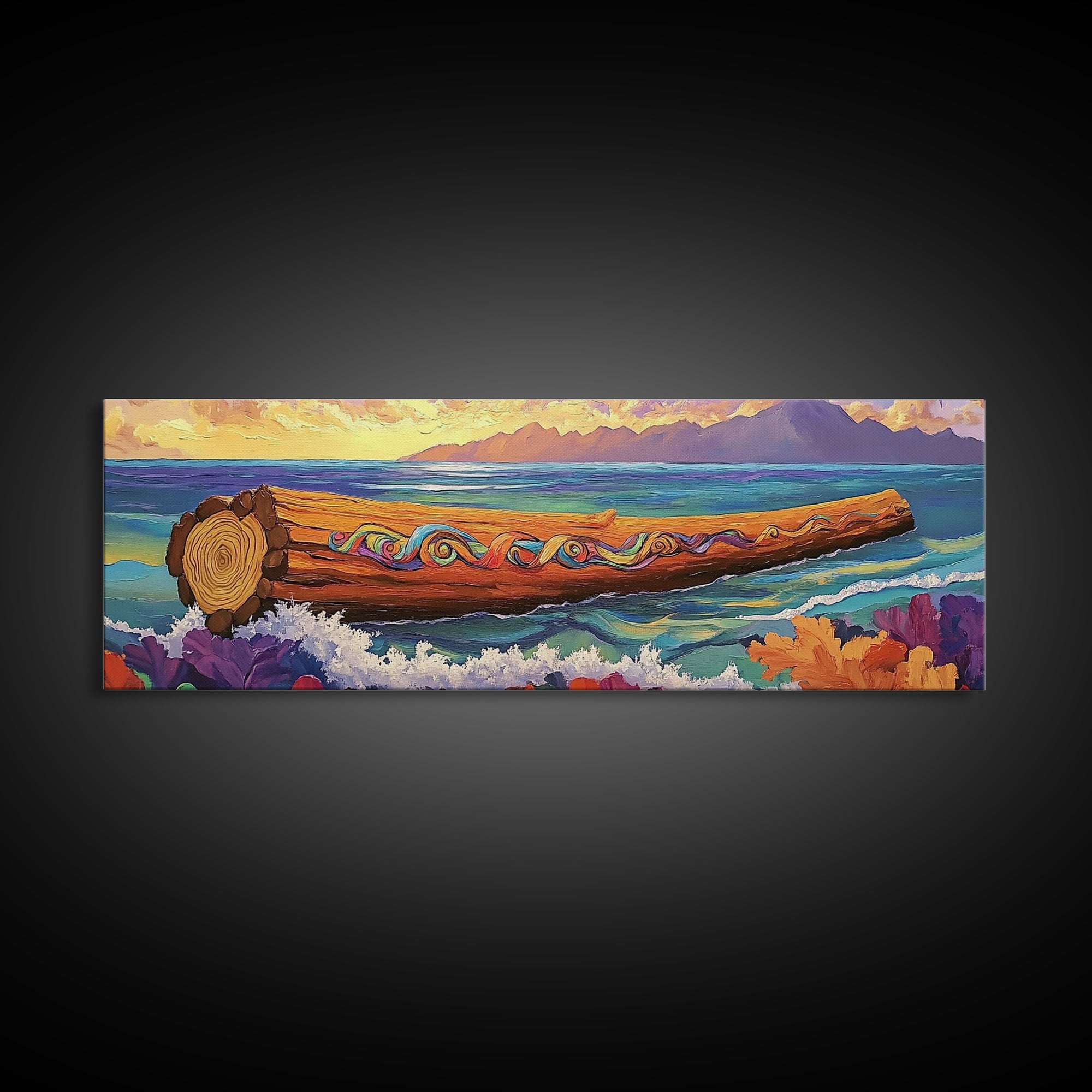Ocean Driftwood Painting, Coastal Log Art, Vibrant Nautical Wall Scene, Framed Canvas Print, Beach House Decor, Living Room Art