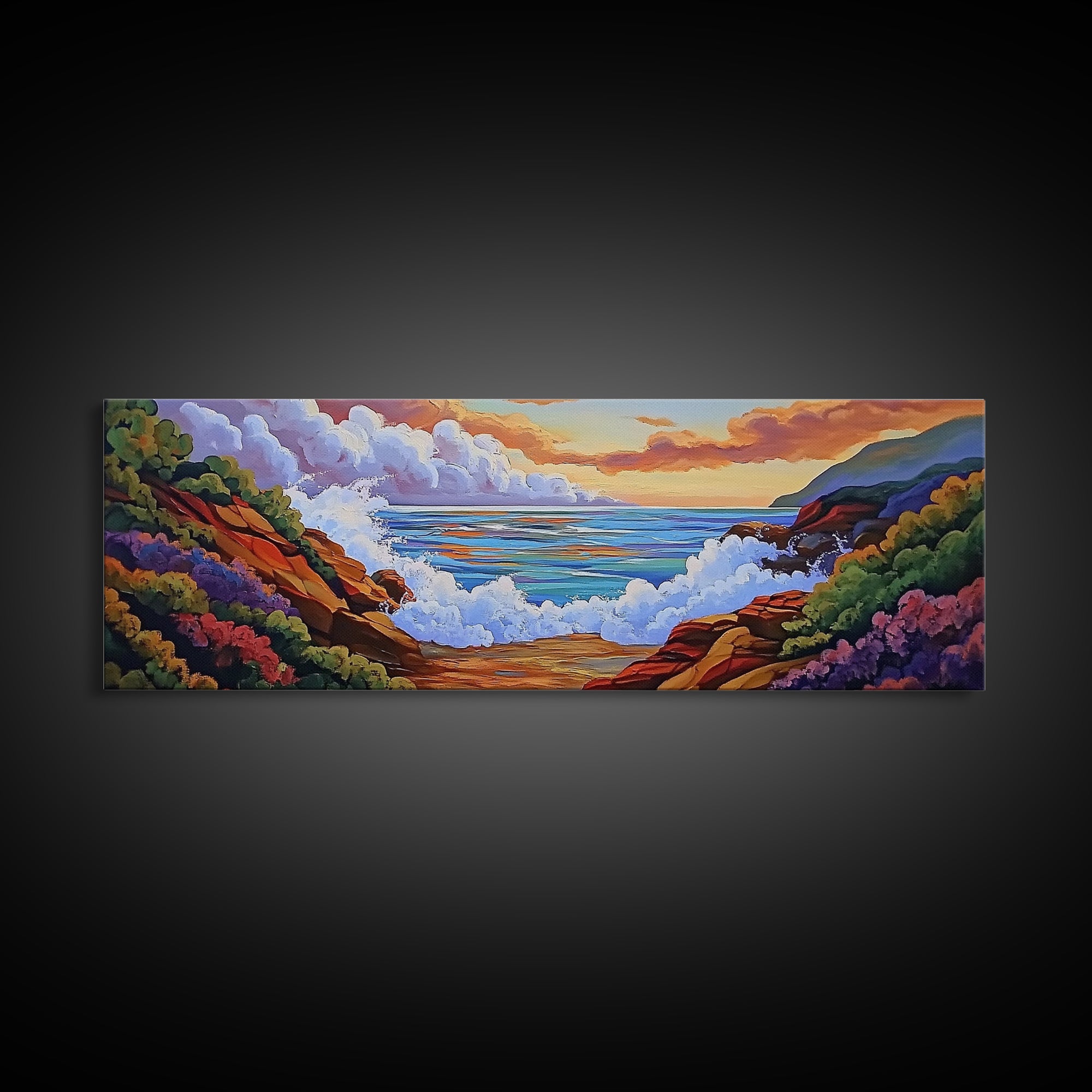 Crashing Waves Painting, Rocky Shoreline View, Sunset Coastal Landscape, Framed Canvas Print, Nautical Art, Living Room Decor
