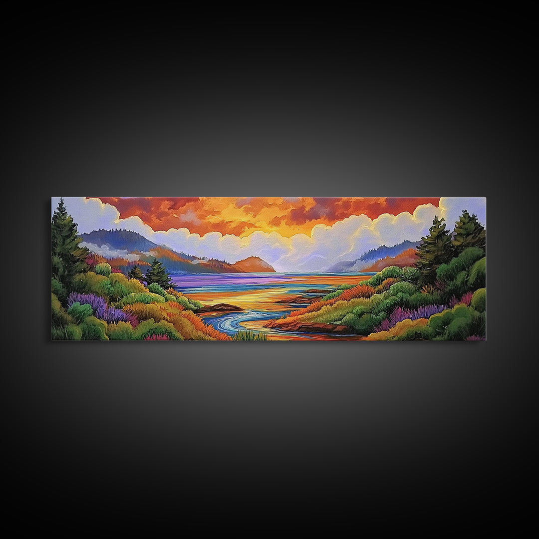 Sunset Lake Scene, Mountain View Art, Tranquil Waterscape Landscape, Framed Canvas Print, Nature Office Decor, Living Room Art