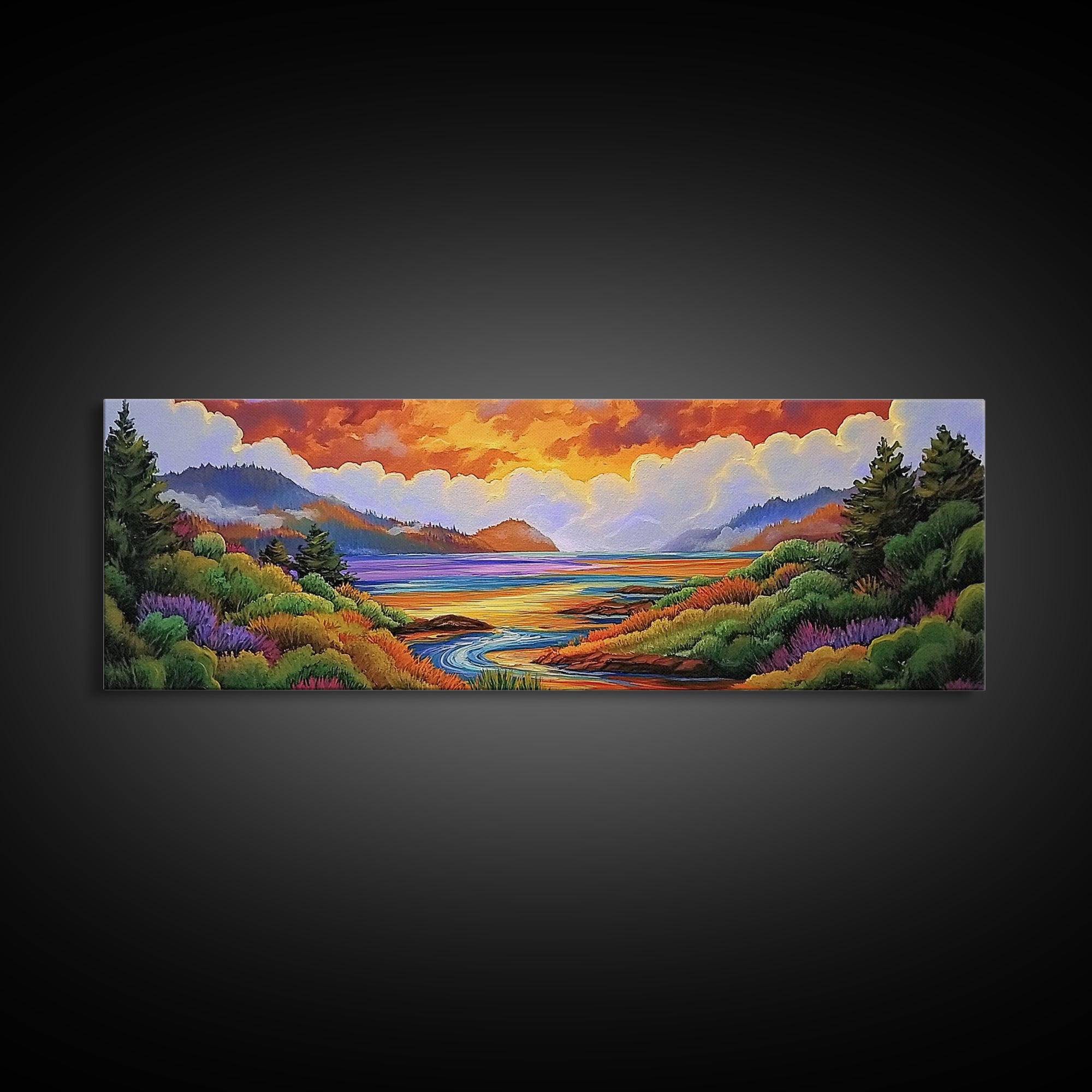 Sunset Lake Scene, Mountain View Art, Tranquil Waterscape Landscape, Framed Canvas Print, Nature Office Decor, Living Room Art