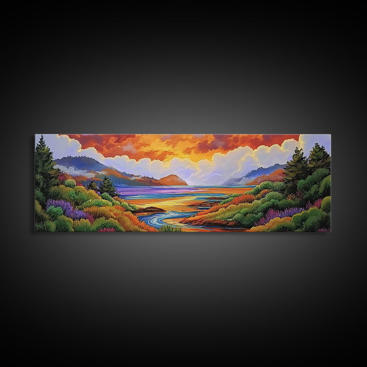 Sunset Lake Scene, Mountain View Art, Tranquil Waterscape Landscape, Framed Canvas Print, Nature Office Decor, Living Room Art