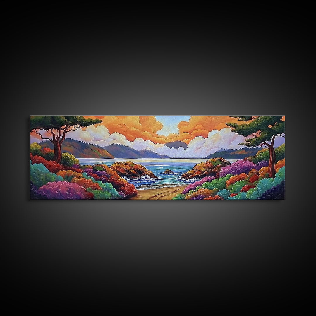 Vibrant Coastal View, Ocean Sunset Landscape, Floral Beach Scene, Framed Canvas Print, Colorful Wall Art, Tropical Living Room