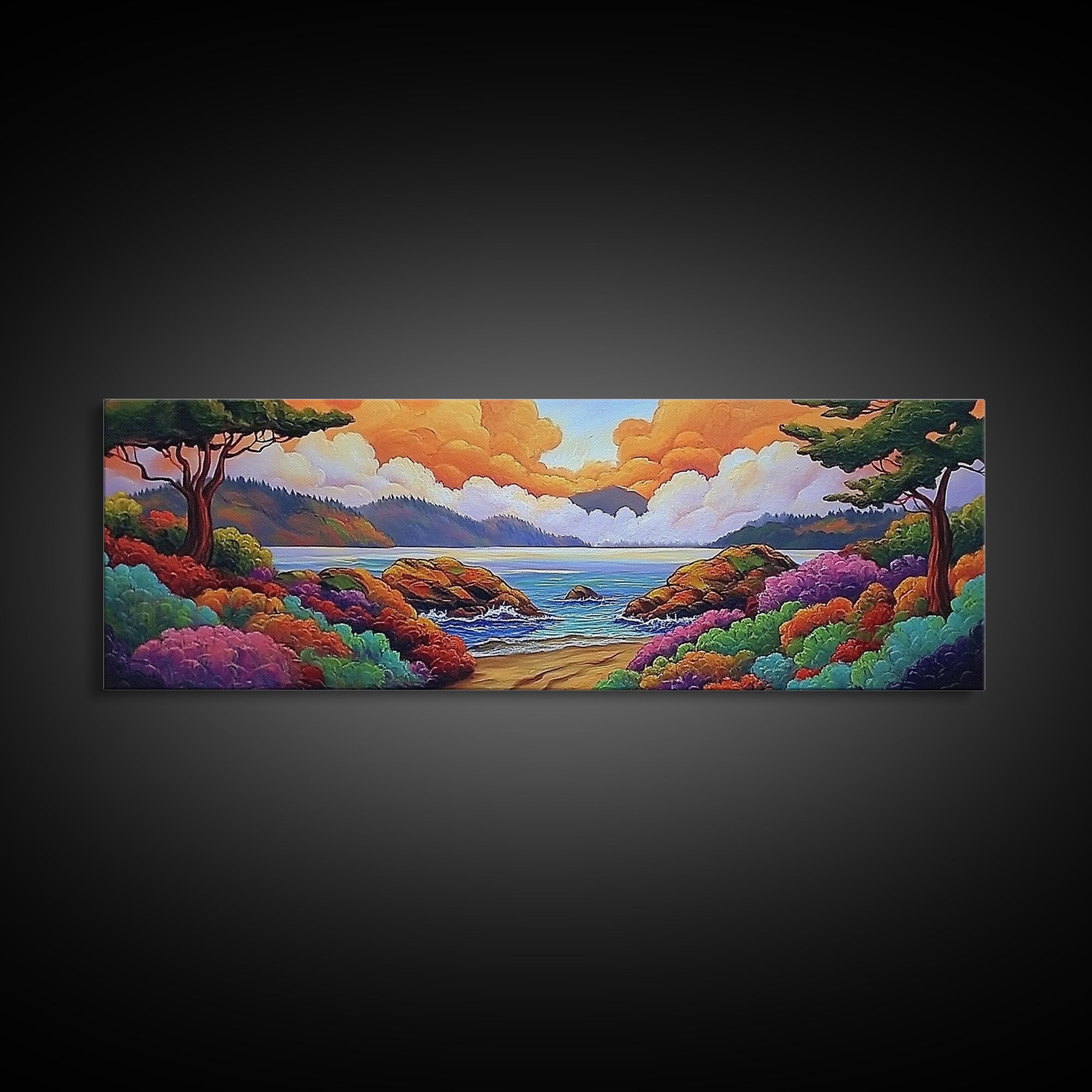 Vibrant Coastal View, Ocean Sunset Landscape, Floral Beach Scene, Framed Canvas Print, Colorful Wall Art, Tropical Living Room
