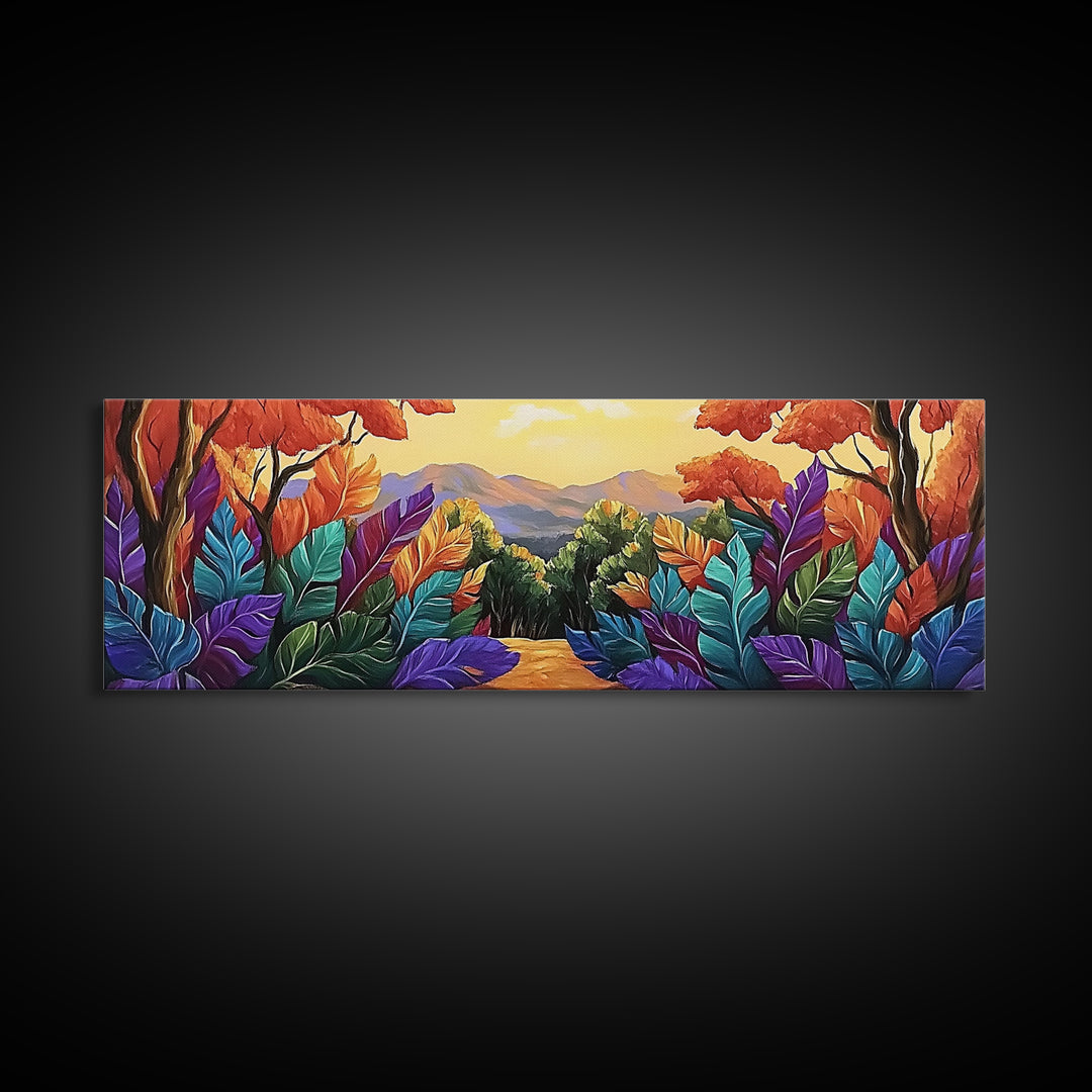 Autumn Forest Path, Colorful Fall Foliage Trail, Vibrant Nature Design, Framed Canvas Print, Cozy Hallway Art, Fall Living Room