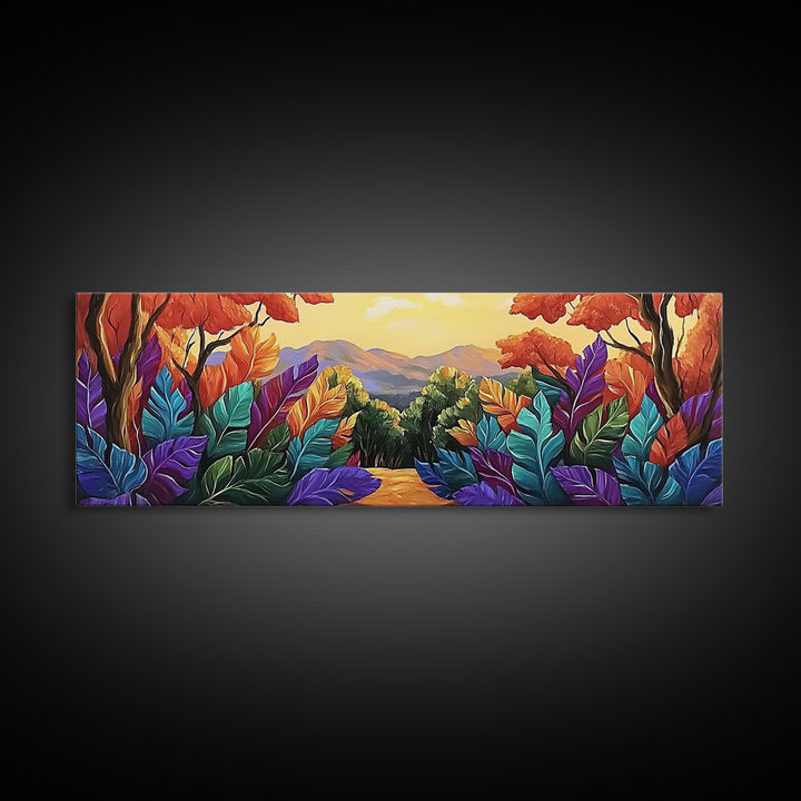 Autumn Forest Path, Colorful Fall Foliage Trail, Vibrant Nature Design, Framed Canvas Print, Cozy Hallway Art, Fall Living Room