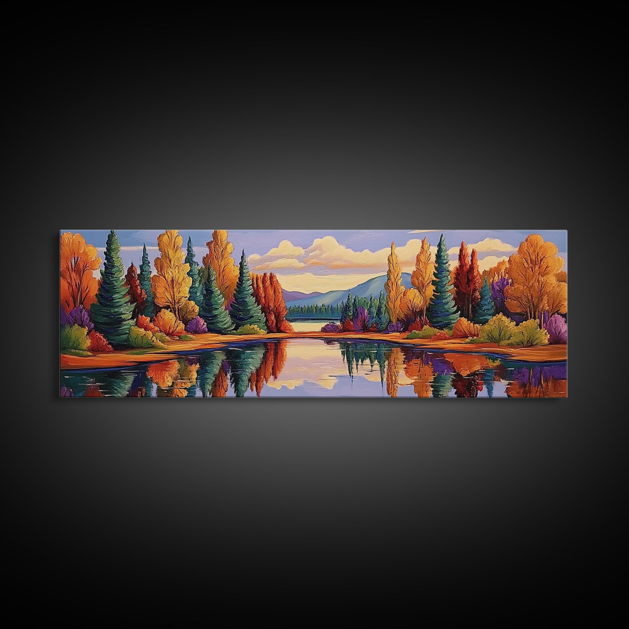 Autumn Reflections Painting, Lakeside Forest Landscape, Fall Color Trees, Framed Canvas Print, Cabin Wall Art, Cozy Living Room