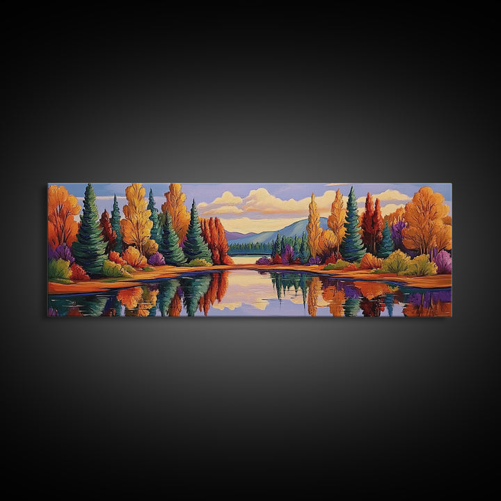 Autumn Reflections Painting, Lakeside Forest Landscape, Fall Color Trees, Framed Canvas Print, Cabin Wall Art, Cozy Living Room