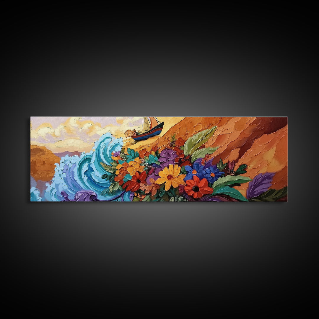 Wave and Flowers Painting, Sailboat Seaside Scene, Bold Floral Coastline Art, Framed Canvas Print, Bathroom Wall Art, Eclectic Art