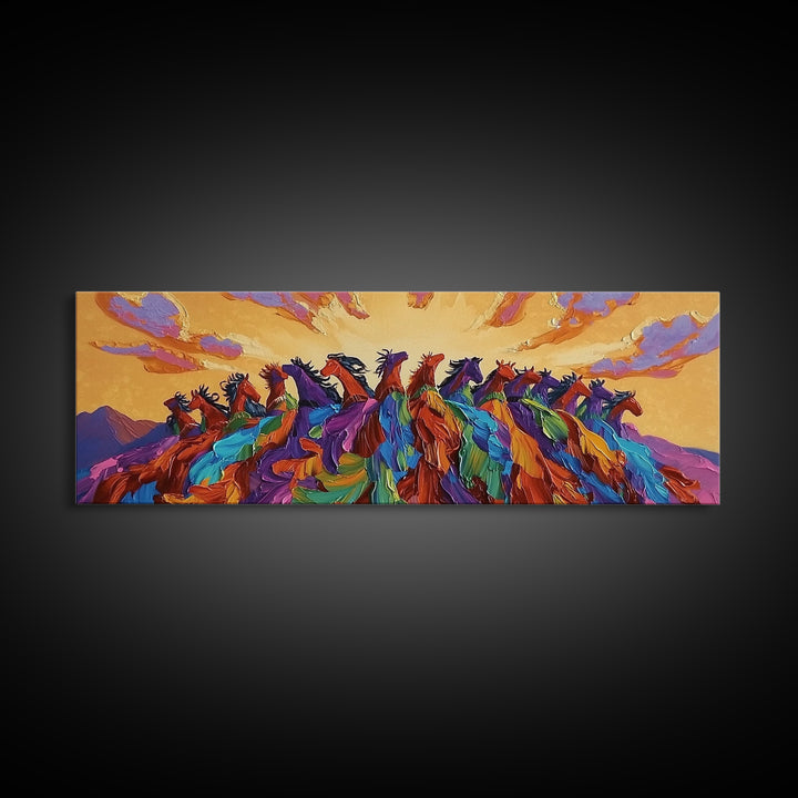 Running Wild Horses, Abstract Herd Scene, Sunset Equine Painting, Framed Canvas Print, Western Bedroom Wall Art, Living Room Decor